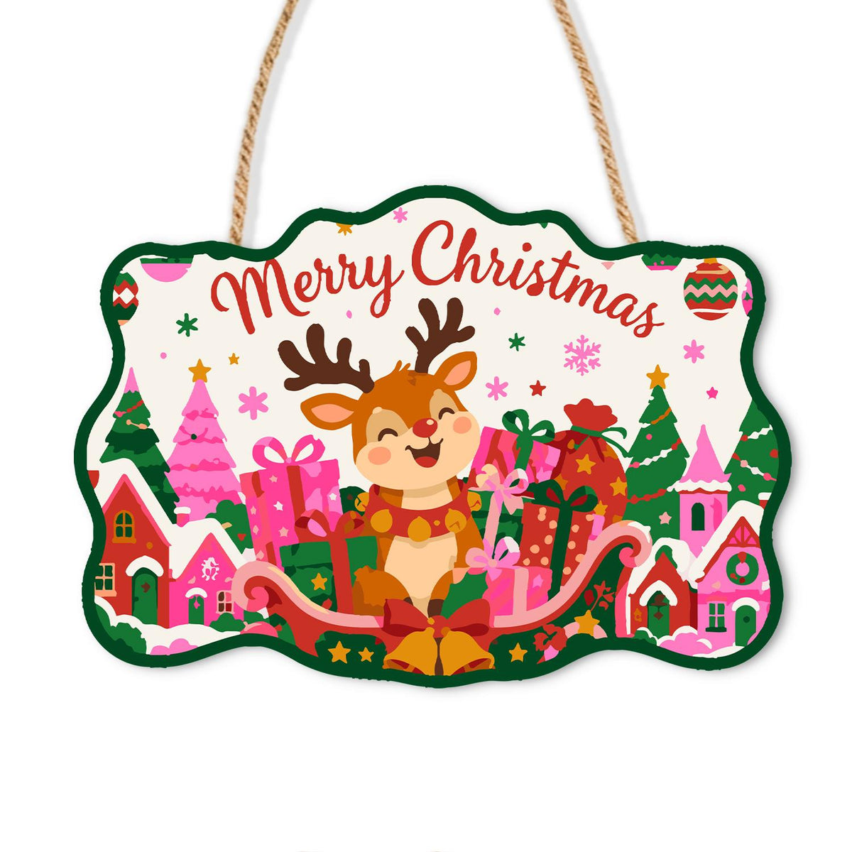 Reindeer in a Pink Gift Sleigh paint by numbers hanging sign – Smiling reindeer in a sleigh full of pink gifts before a pink and red village, with Merry Christmas, on a wooden sign with a rope hanger