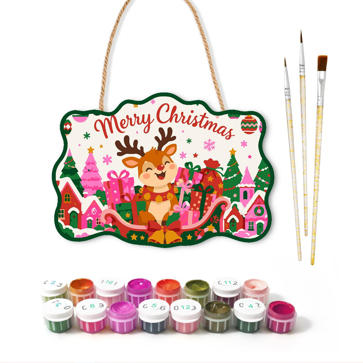 Reindeer in a Pink Gift Sleigh paint by numbers hanging sign – image 2
