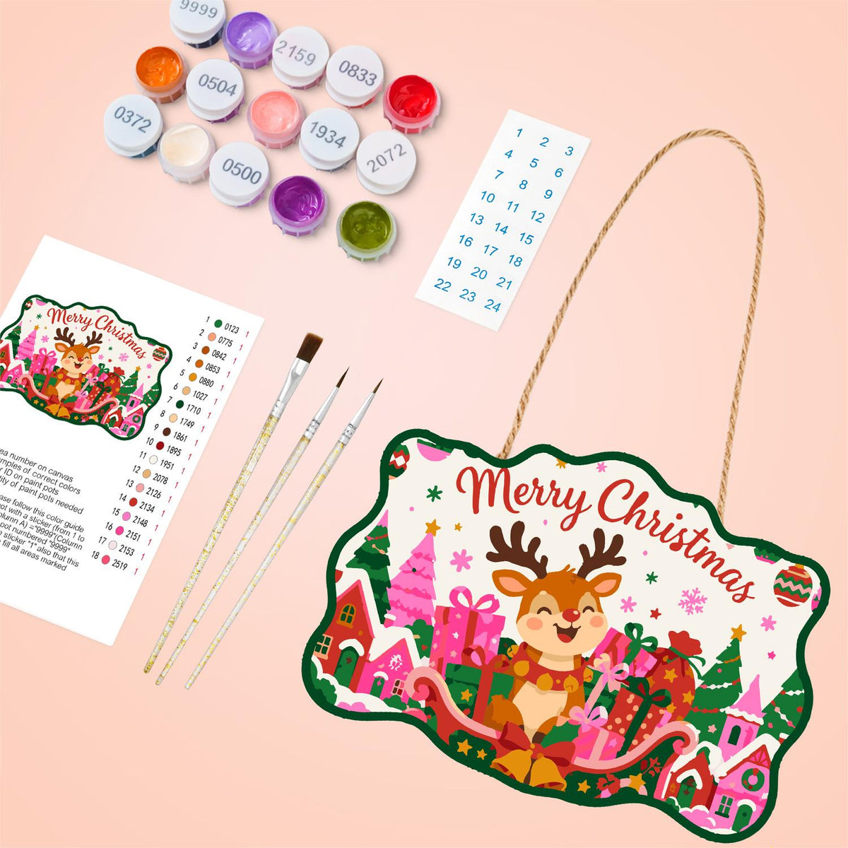 Reindeer in a Pink Gift Sleigh paint by numbers hanging sign – image 4