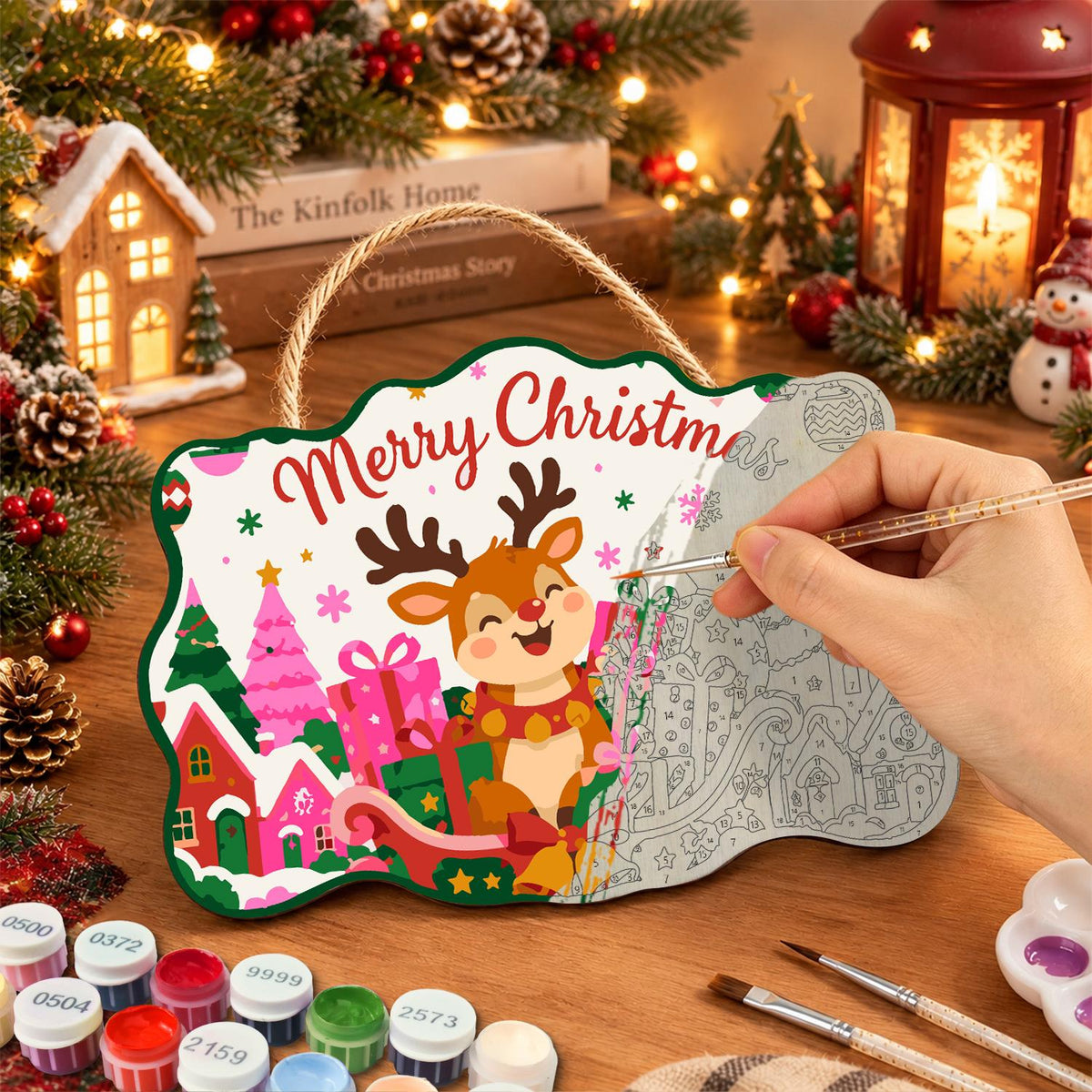 Reindeer in a Pink Gift Sleigh paint by numbers hanging sign – image 7