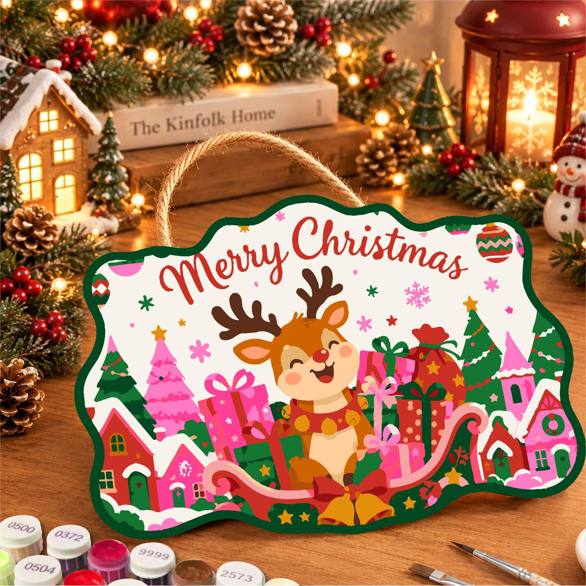 Reindeer in a Pink Gift Sleigh paint by numbers hanging sign – image 8
