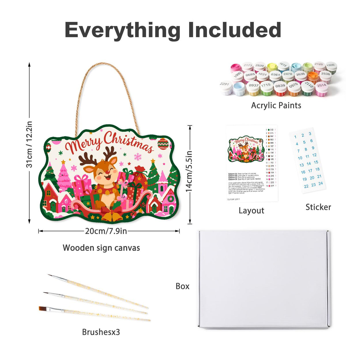 Reindeer in a Pink Gift Sleigh paint by numbers hanging sign – what's in the kit: the wooden sign, rope hanger, numbered paints and brushes