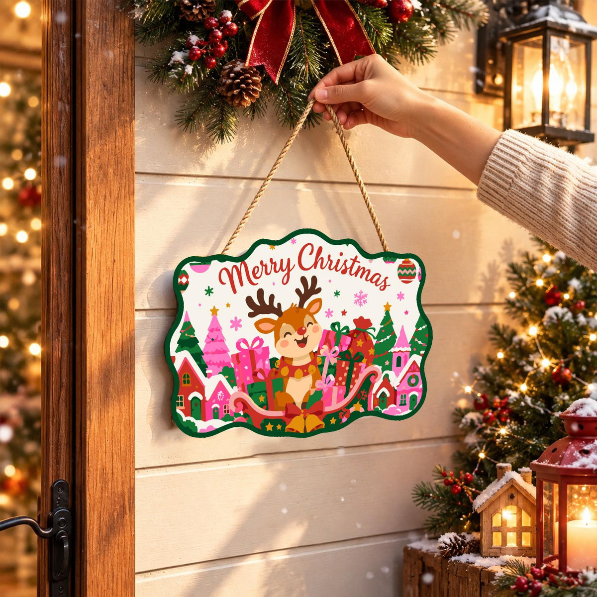 Reindeer in a Pink Gift Sleigh paint by numbers hanging sign – image 14