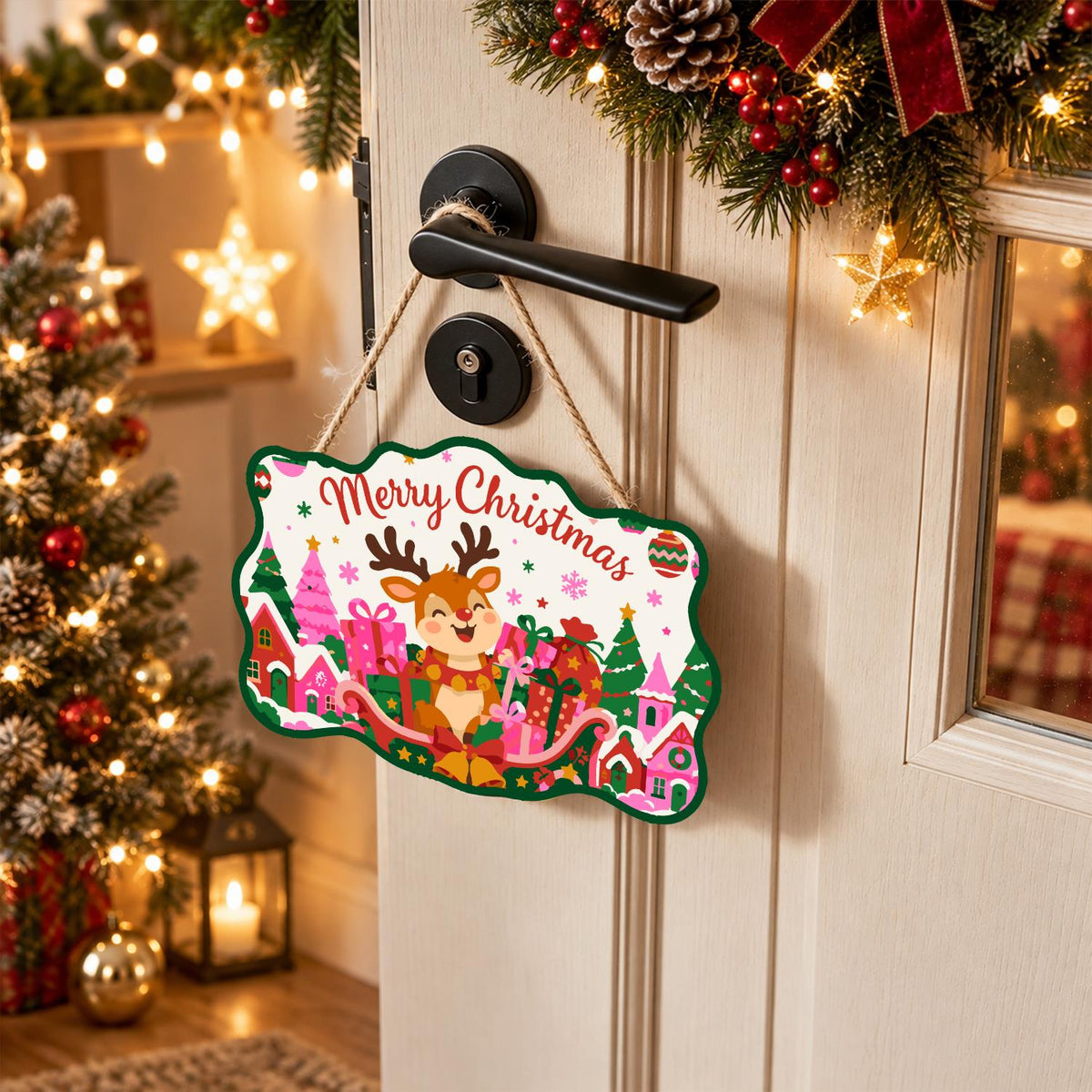 Reindeer in a Pink Gift Sleigh paint by numbers hanging sign – image 18