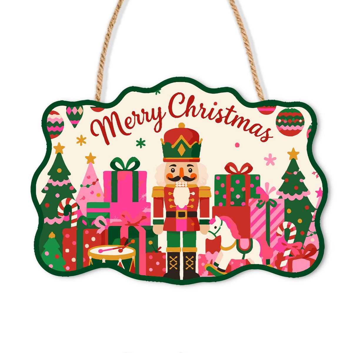 Rocking Horse Nutcracker Toyland paint by numbers hanging sign – Nutcracker among pink gifts and a rocking horse with pink and green trees, with Merry Christmas above, on a wooden sign with a rope hanger