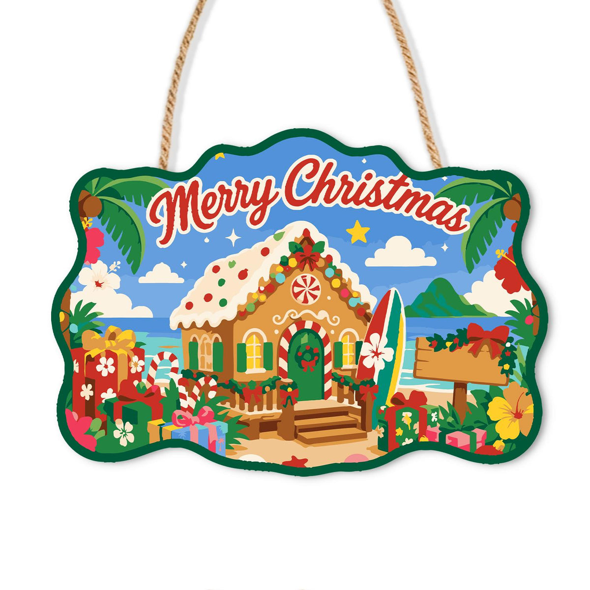 Beachfront Gingerbread Cottage paint by numbers hanging sign – Frosted gingerbread house on a tropical beach with palm trees, a surfboard, gifts and hibiscus flowers, on a wooden sign with a rope hanger