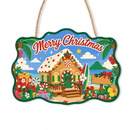 Beachfront Gingerbread Cottage paint by numbers hanging sign – Frosted gingerbread house on a tropical beach with palm trees, a surfboard, gifts and hibiscus flowers, on a wooden sign with a rope hanger