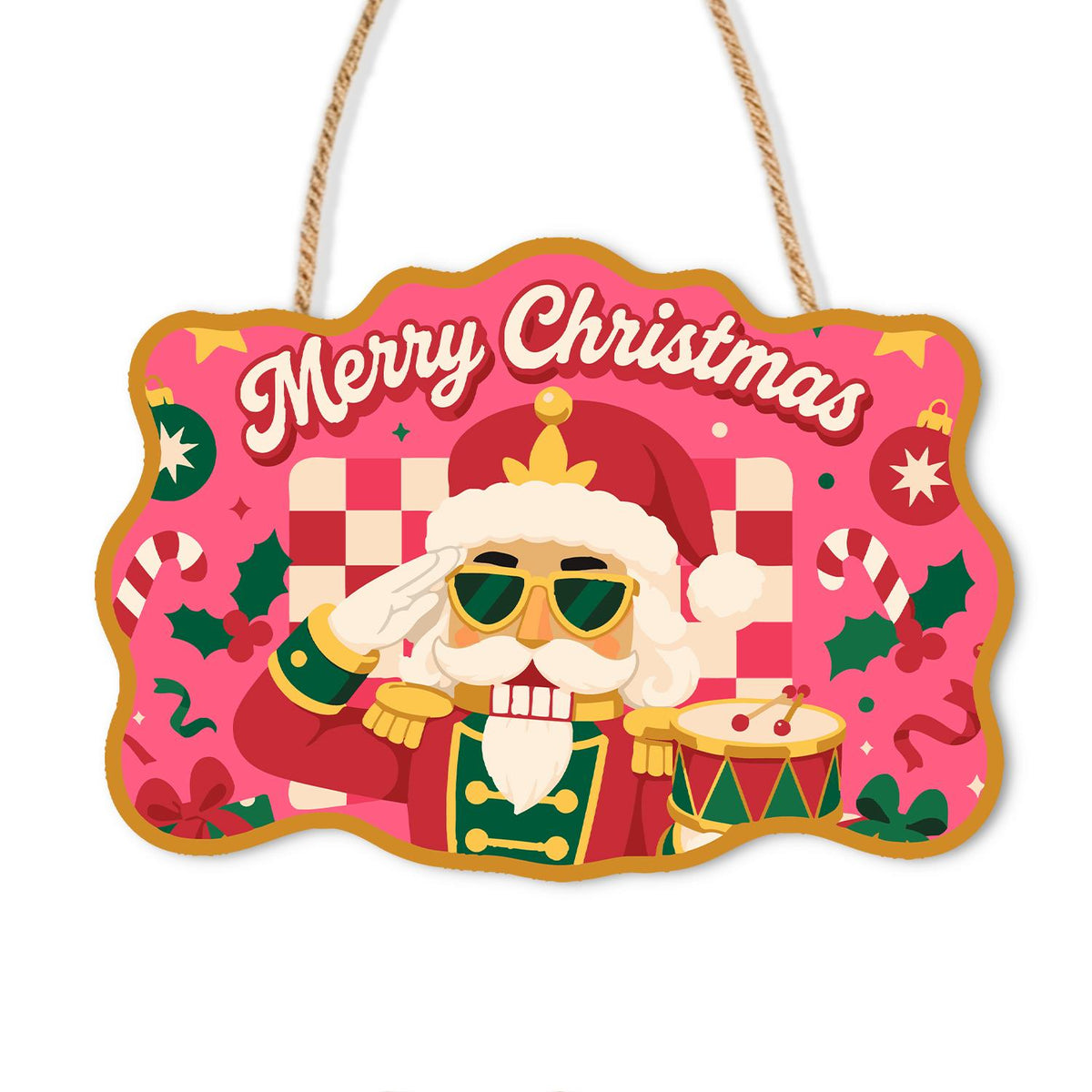 Saluting Nutcracker in Shades paint by numbers hanging sign – Bearded nutcracker in a crowned hat and sunglasses saluting beside a drum on a pink checkerboard background, on a wooden sign with a rope hanger