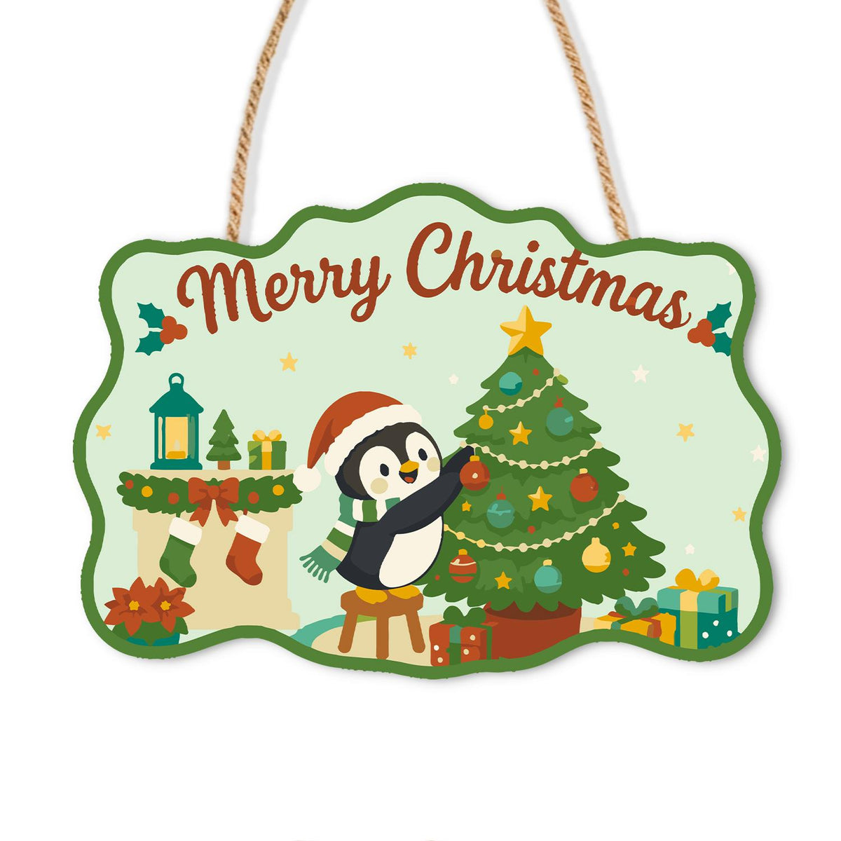 Penguin Trimming the Tree paint by numbers hanging sign – Penguin in a Santa hat standing on a stool decorating a Christmas tree beside stockings and a lantern, on a wooden sign with a rope hanger