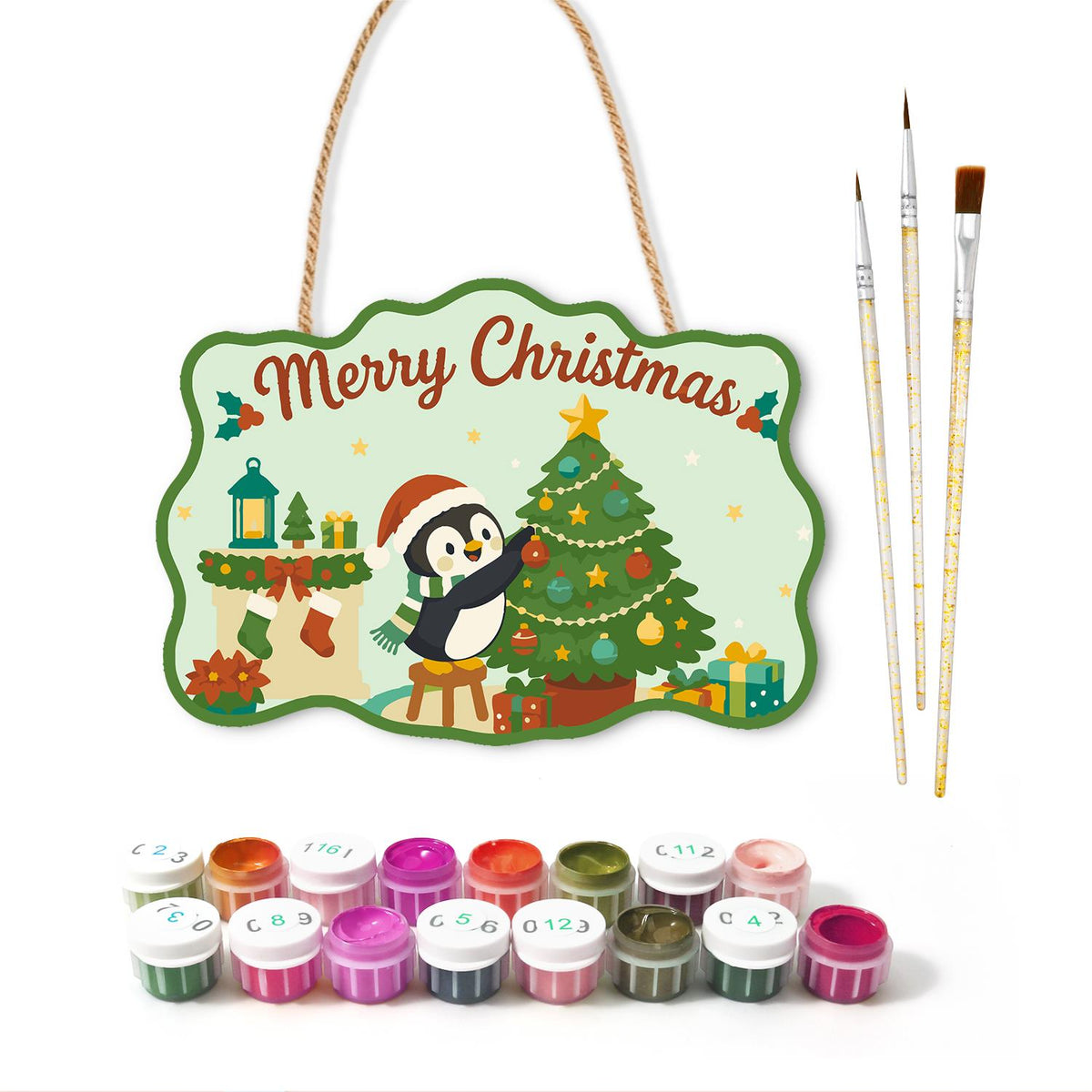 Penguin Trimming the Tree paint by numbers hanging sign – image 2