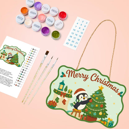 Penguin Trimming the Tree paint by numbers hanging sign – image 4