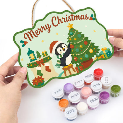 Penguin Trimming the Tree paint by numbers hanging sign – image 9
