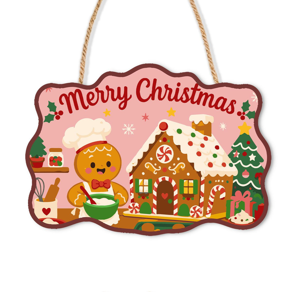 Gingerbread Chef and Candy Cottage paint by numbers hanging sign – Gingerbread man in a chef hat mixing a bowl beside a frosted gingerbread house and a small Christmas tree, on a wooden sign with a rope hanger