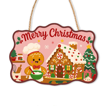 Gingerbread Chef and Candy Cottage paint by numbers hanging sign – Gingerbread man in a chef hat mixing a bowl beside a frosted gingerbread house and a small Christmas tree, on a wooden sign with a rope hanger