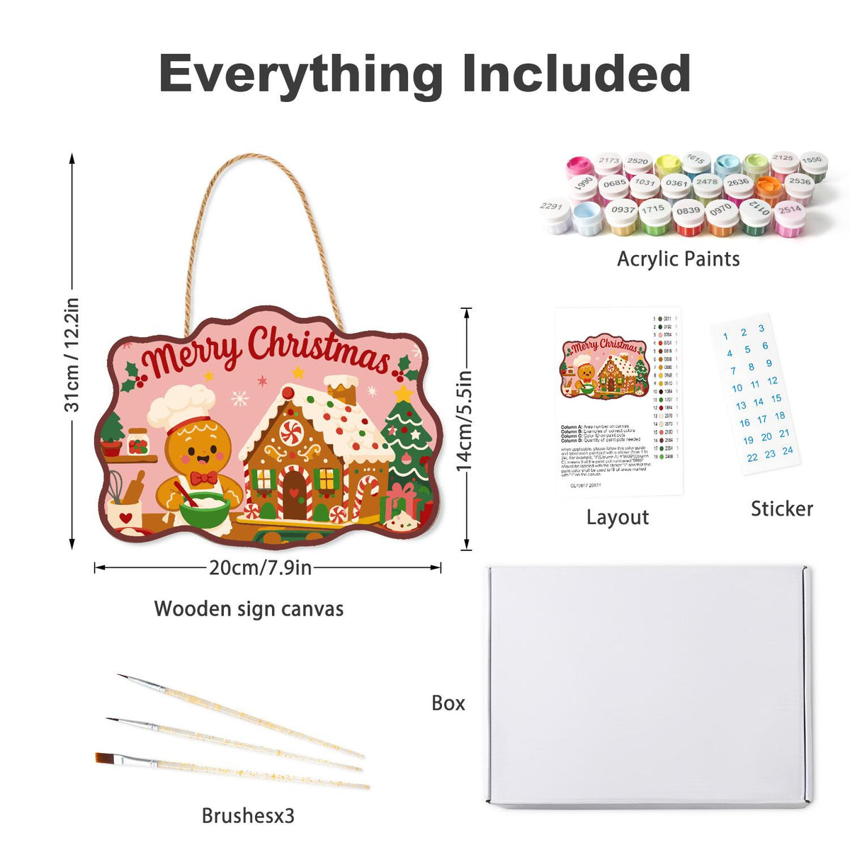 Gingerbread Chef and Candy Cottage paint by numbers hanging sign – what's in the kit: the wooden sign, rope hanger, numbered paints and brushes
