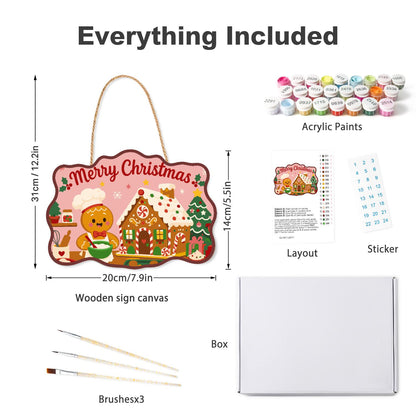 Gingerbread Chef and Candy Cottage paint by numbers hanging sign – what's in the kit: the wooden sign, rope hanger, numbered paints and brushes