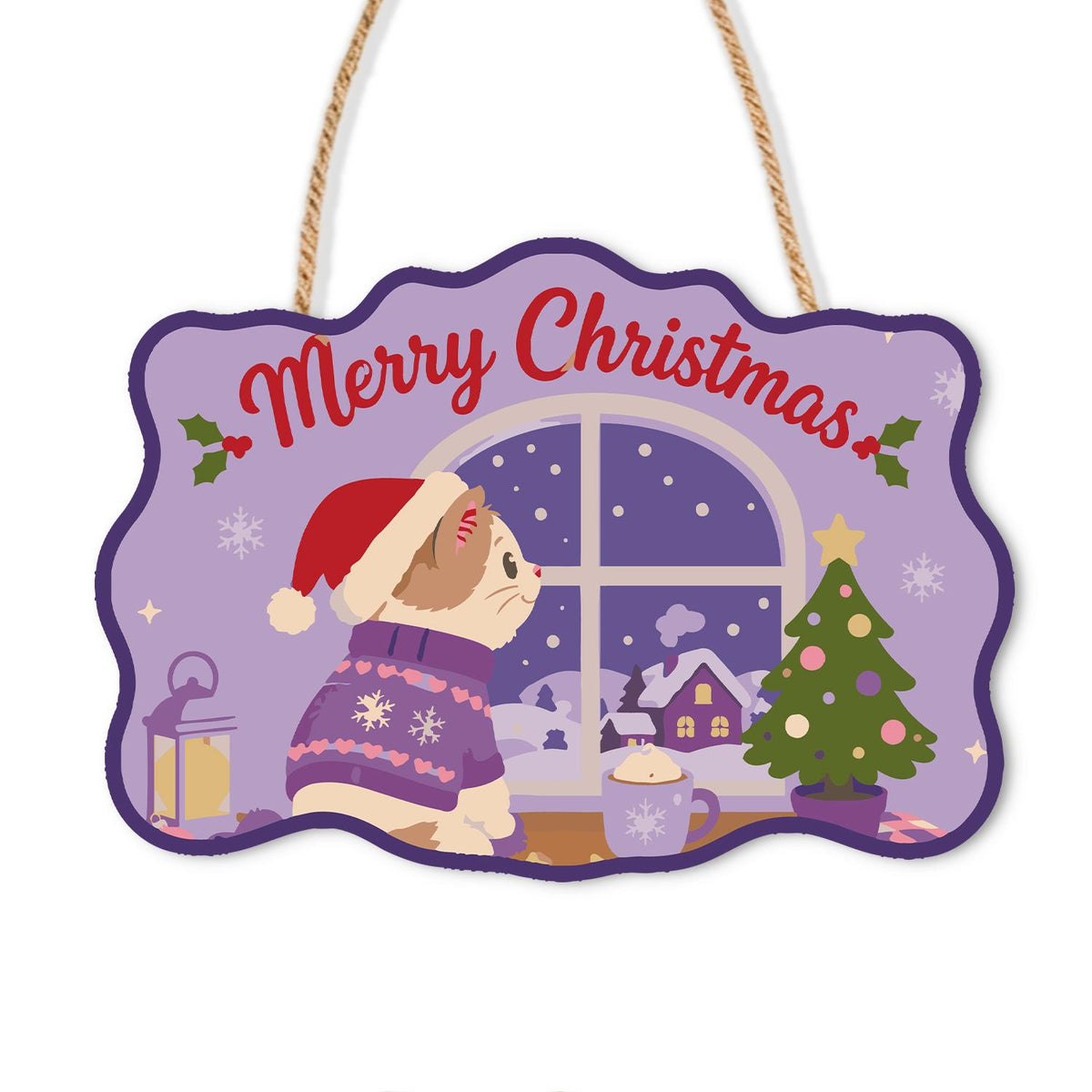 Sweater Cat at the Snowy Window paint by numbers hanging sign – Cat in a Santa hat and purple sweater gazing out a window at a snowy village beside a Christmas tree, on a wooden sign with a rope hanger