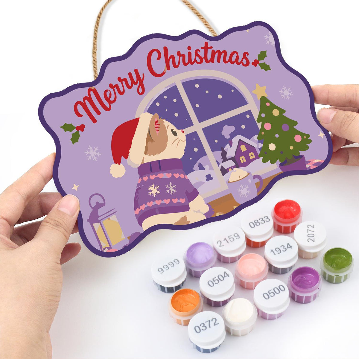 Sweater Cat at the Snowy Window paint by numbers hanging sign – image 9