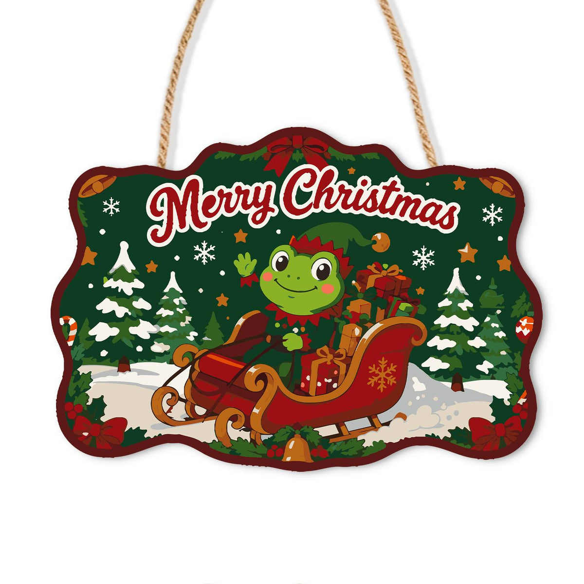 Frog in a Red Sleigh paint by numbers hanging sign – Green frog riding a red sleigh among snow-covered pine trees on a dark green background, on a wooden sign with a rope hanger