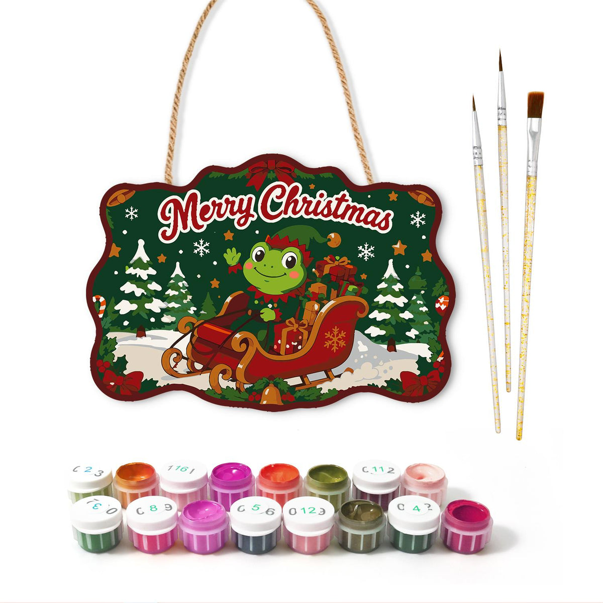Frog in a Red Sleigh paint by numbers hanging sign – image 2