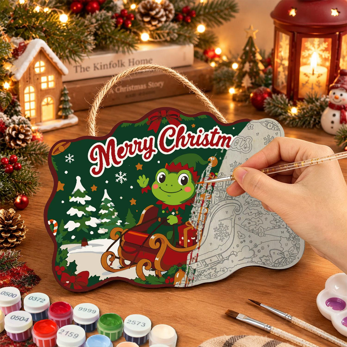 Frog in a Red Sleigh paint by numbers hanging sign – image 7