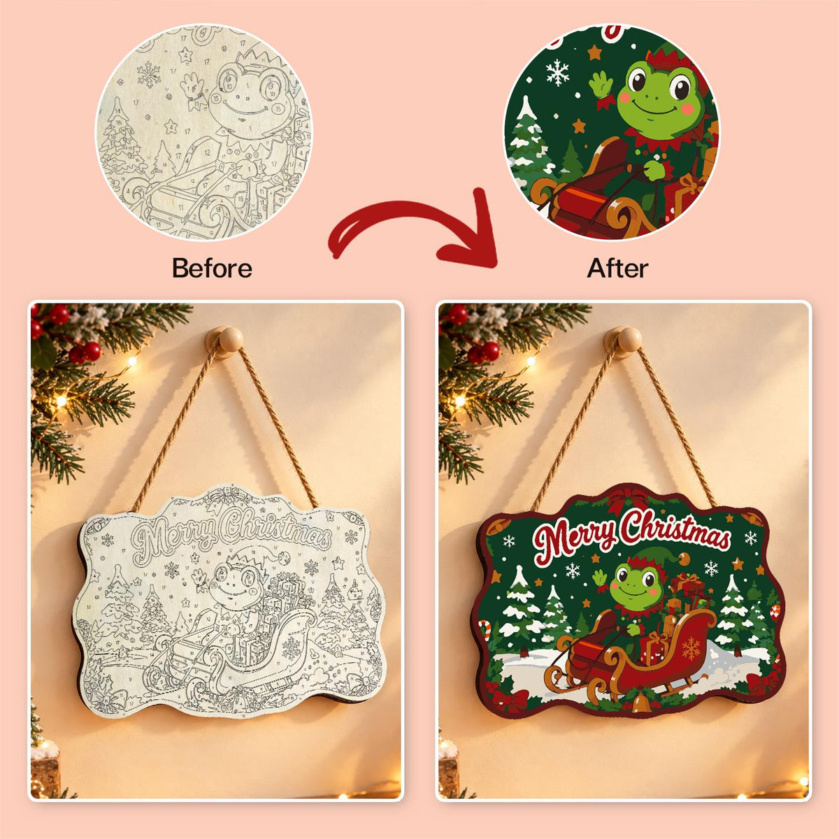 Frog in a Red Sleigh paint by numbers hanging sign – image 10