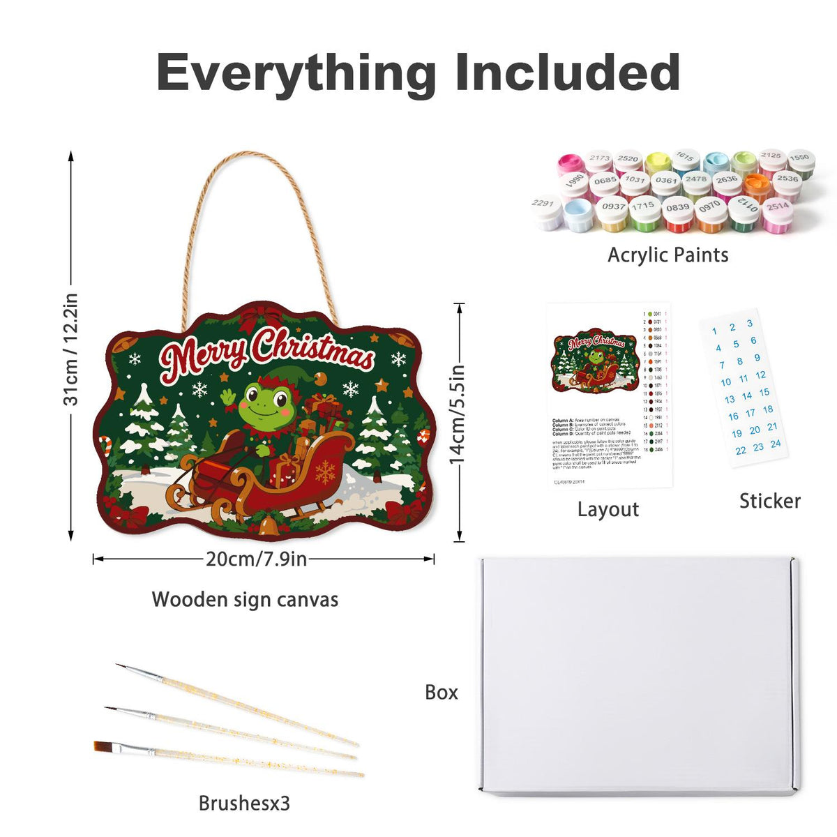 Frog in a Red Sleigh paint by numbers hanging sign – what's in the kit: the wooden sign, rope hanger, numbered paints and brushes