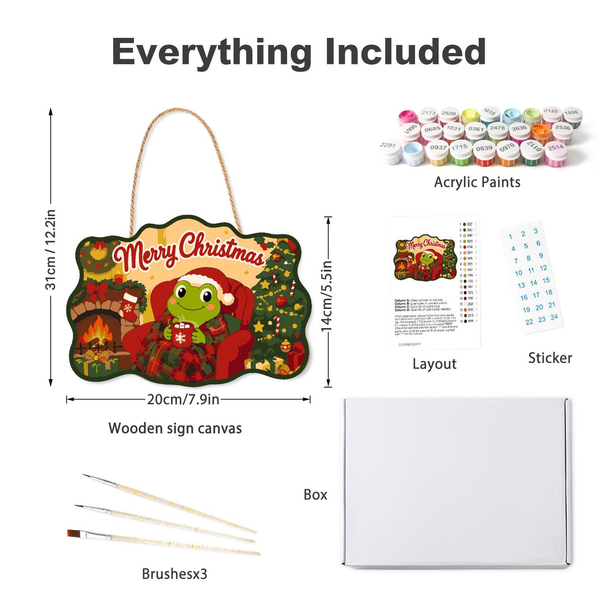 Fireside Frog with Cocoa paint by numbers hanging sign – what's in the kit: the wooden sign, rope hanger, numbered paints and brushes