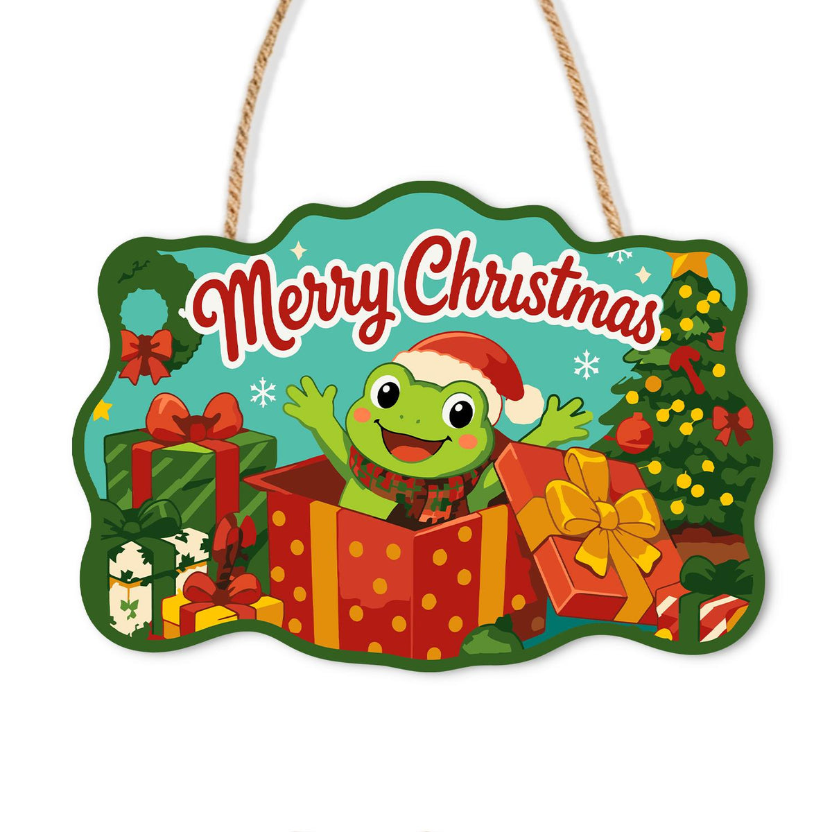 Frog Bursting From a Red Present paint by numbers hanging sign – Frog in a Santa hat bursting out of a red gift box with arms raised beside presents and a Christmas tree, on a wooden sign with a rope hanger