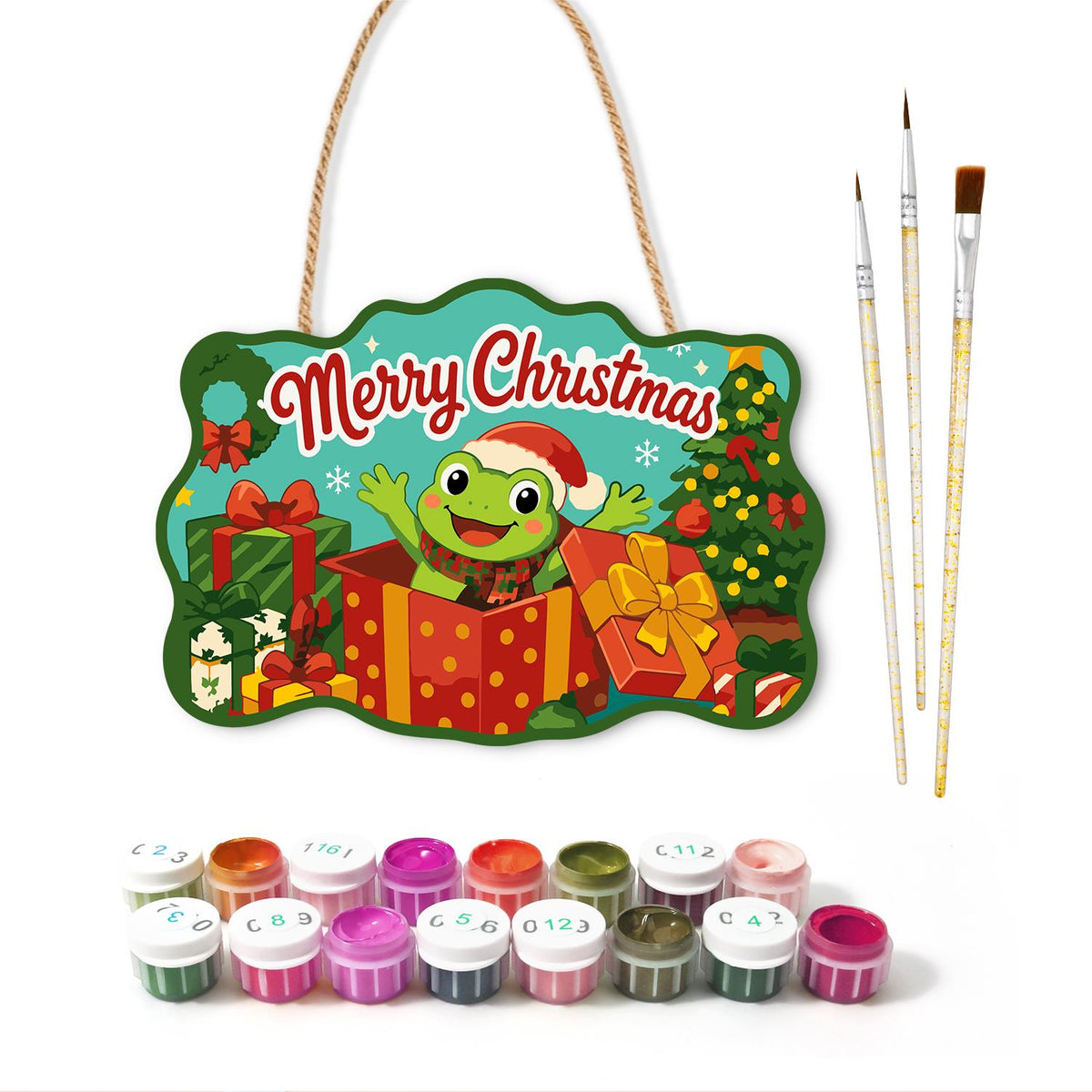 Frog Bursting From a Red Present paint by numbers hanging sign – image 2