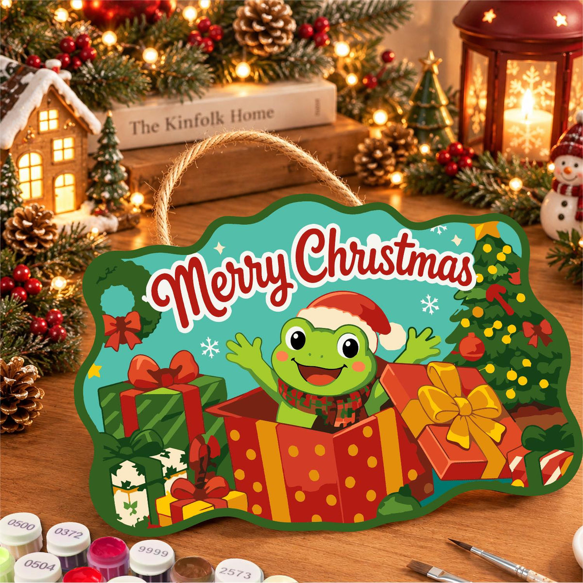Frog Bursting From a Red Present paint by numbers hanging sign – image 8