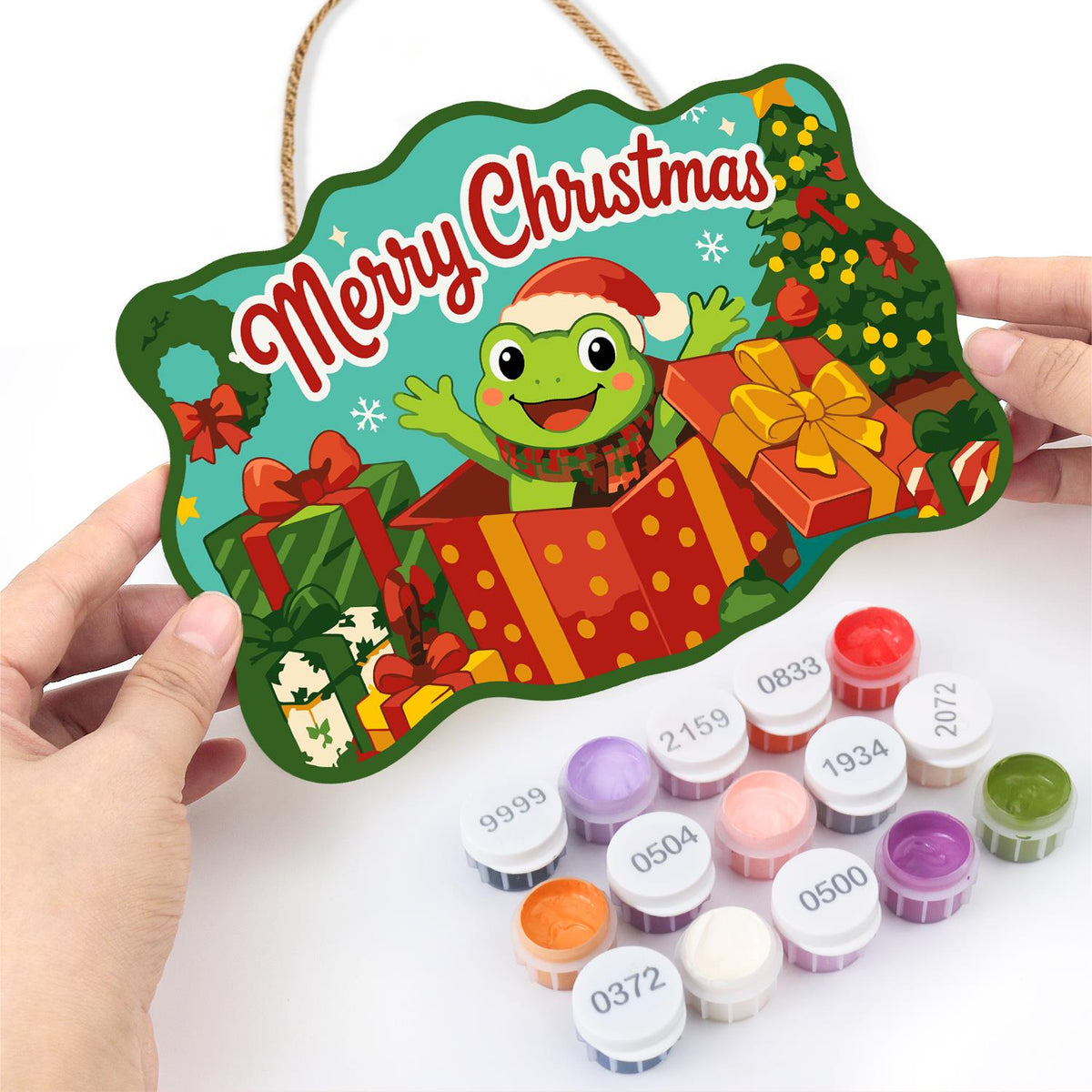 Frog Bursting From a Red Present paint by numbers hanging sign – image 9