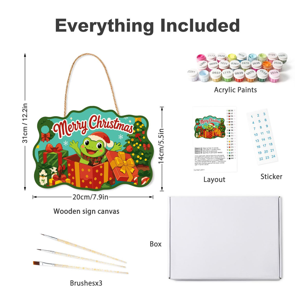 Frog Bursting From a Red Present paint by numbers hanging sign – what's in the kit: the wooden sign, rope hanger, numbered paints and brushes
