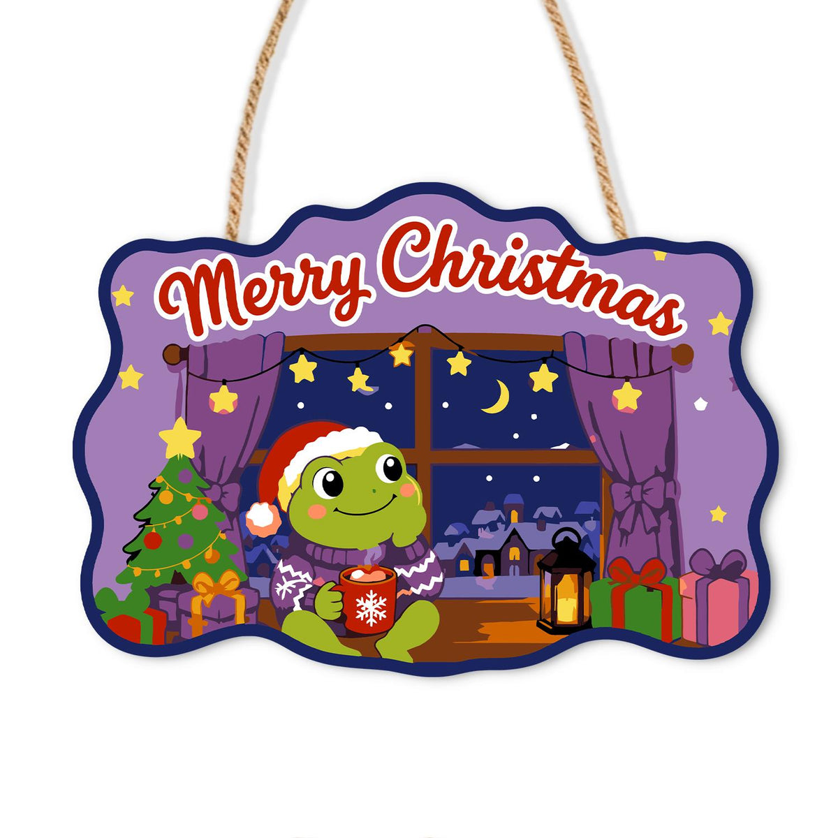 Starry Window Frog with Cocoa paint by numbers hanging sign – Frog in a Santa hat holding a mug by a starry night window with purple curtains, a tree and a lantern, on a wooden sign with a rope hanger