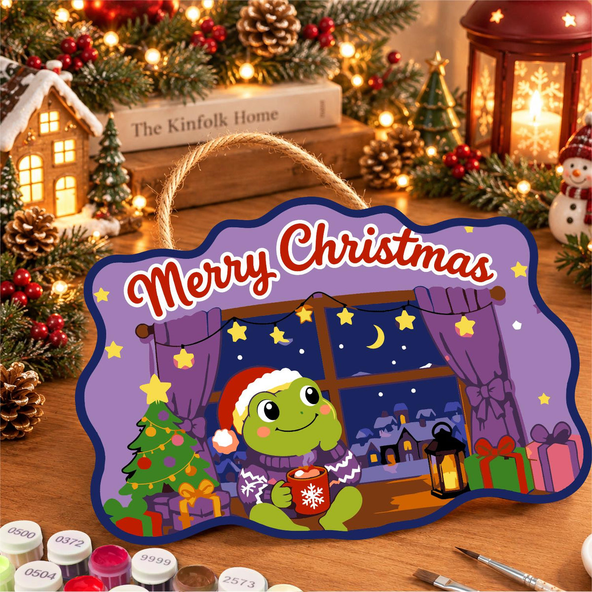 Starry Window Frog with Cocoa paint by numbers hanging sign – image 8