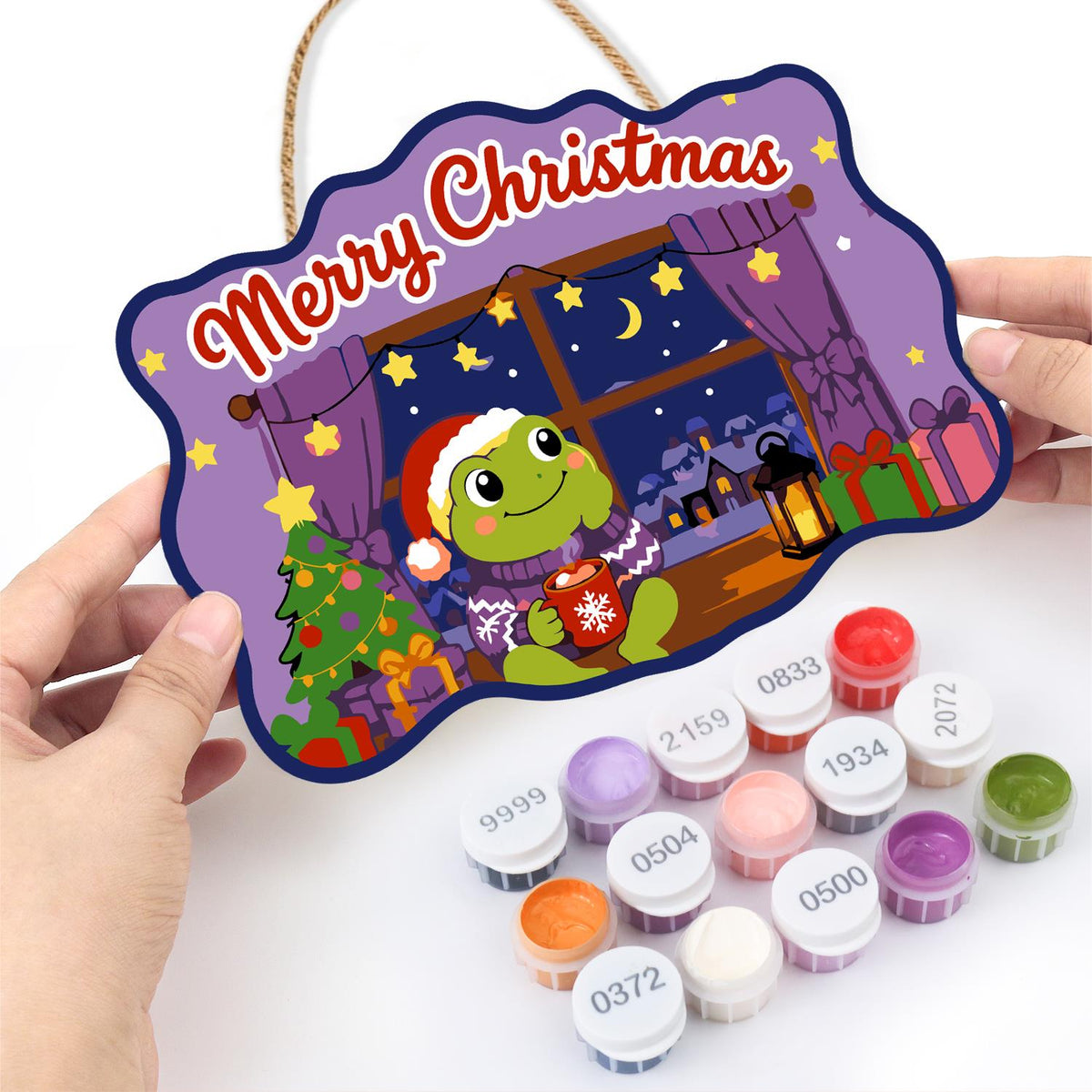 Starry Window Frog with Cocoa paint by numbers hanging sign – image 9