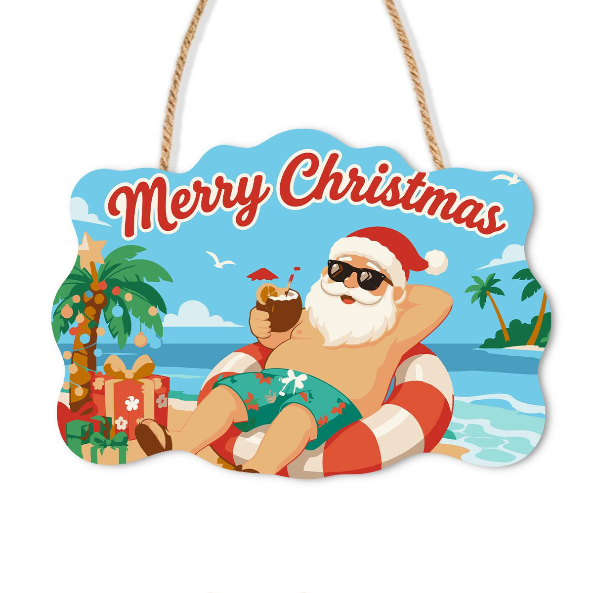 Swim Ring Santa with Coconut paint by numbers hanging sign – Santa in sunglasses lounging in a red and white swim ring with a coconut drink on a tropical sea, on a wooden sign with a rope hanger