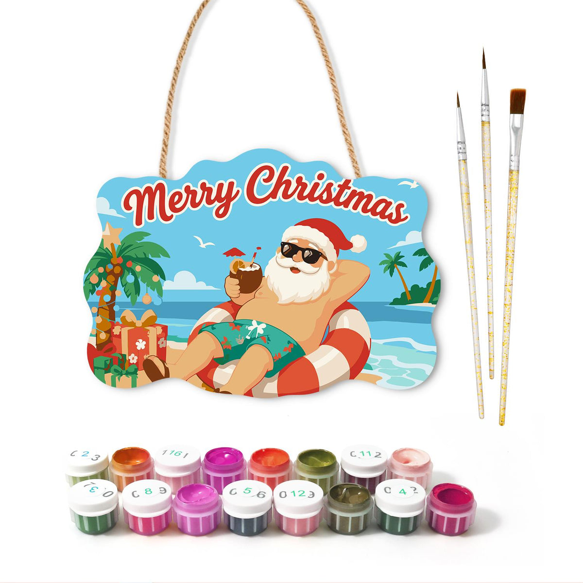 Swim Ring Santa with Coconut paint by numbers hanging sign – image 2