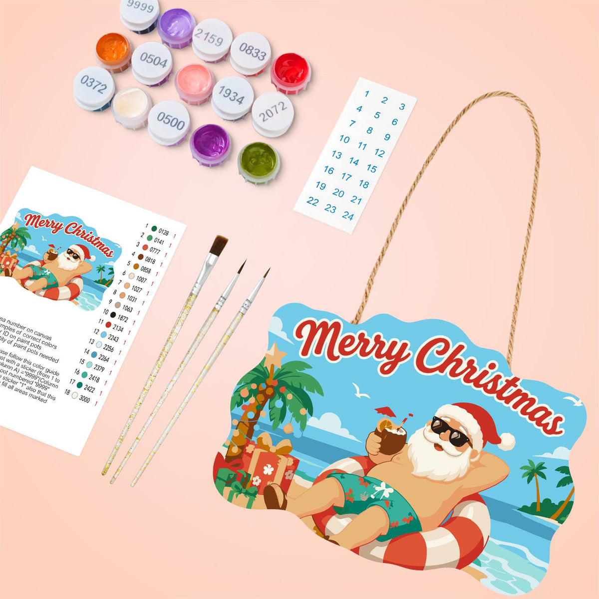 Swim Ring Santa with Coconut paint by numbers hanging sign – image 4