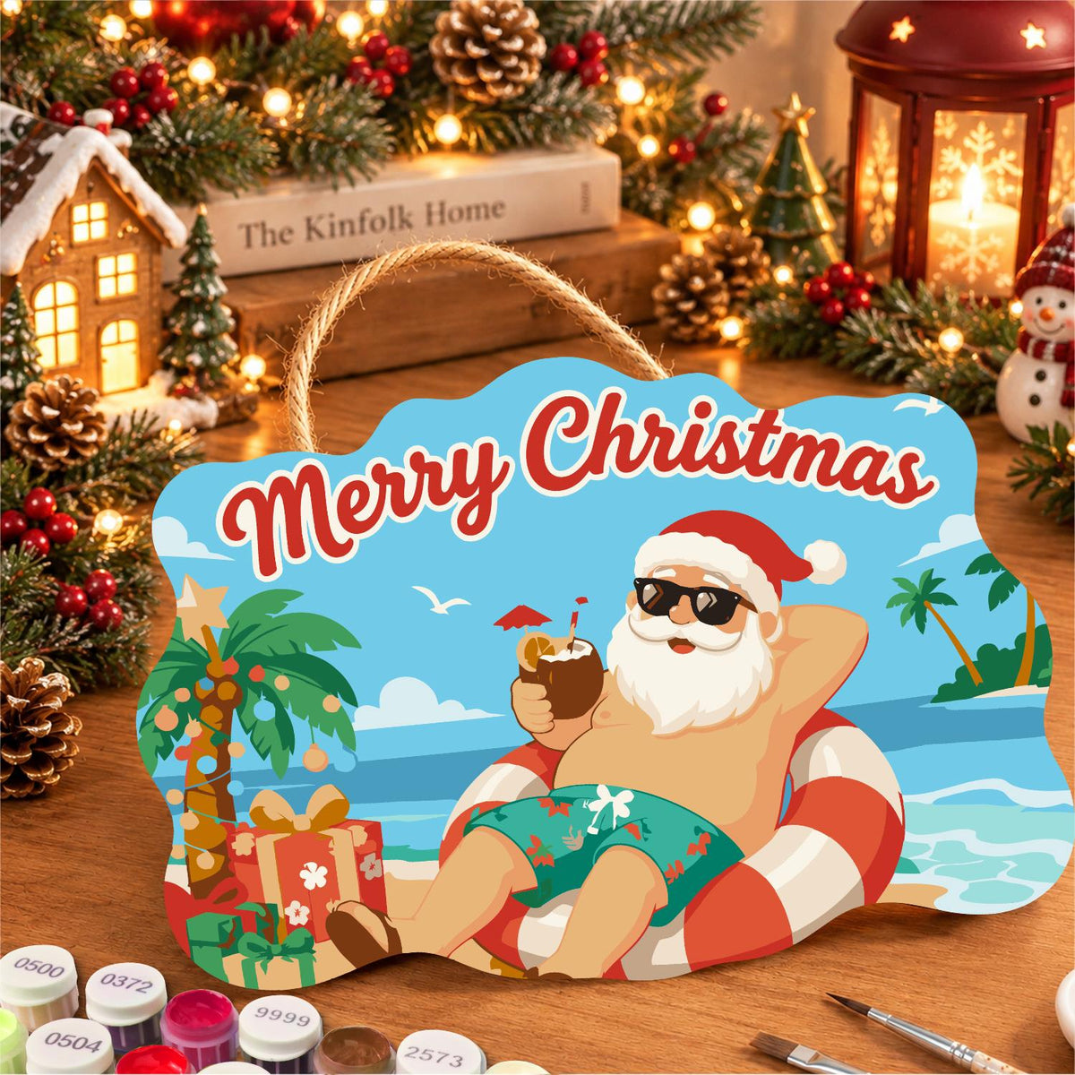 Swim Ring Santa with Coconut paint by numbers hanging sign – image 8