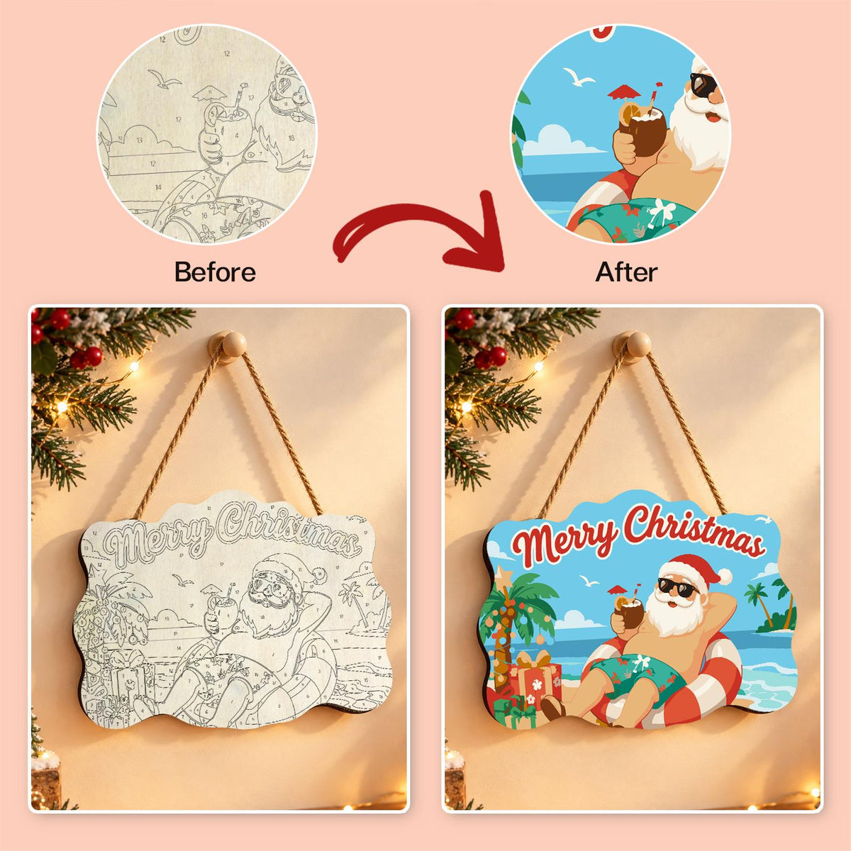Swim Ring Santa with Coconut paint by numbers hanging sign – image 10