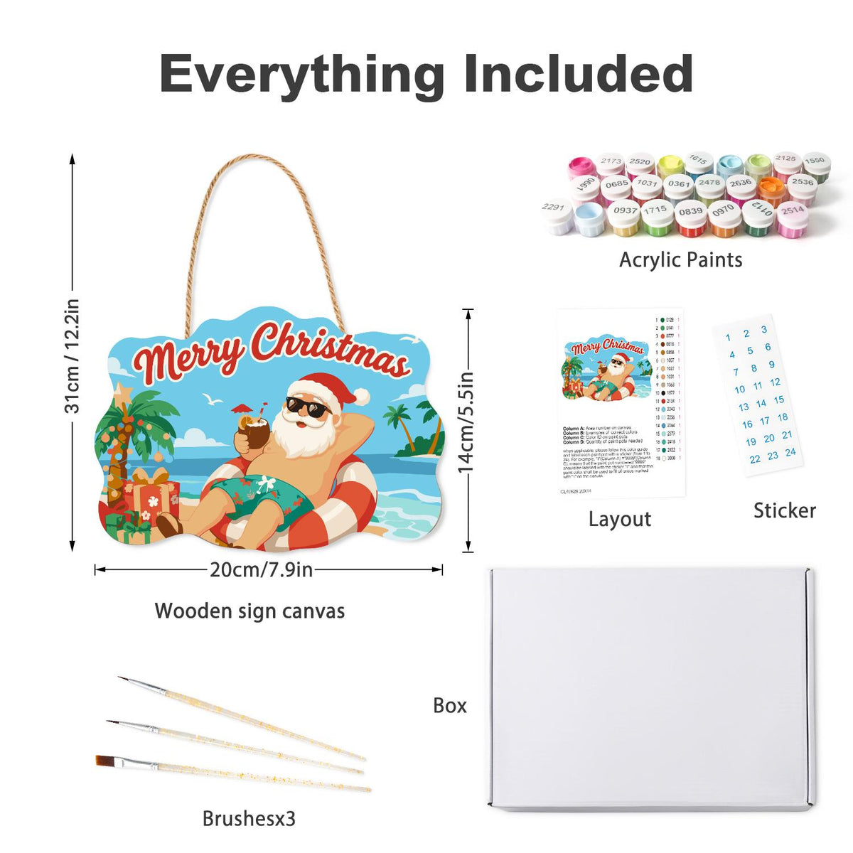 Swim Ring Santa with Coconut paint by numbers hanging sign – what's in the kit: the wooden sign, rope hanger, numbered paints and brushes
