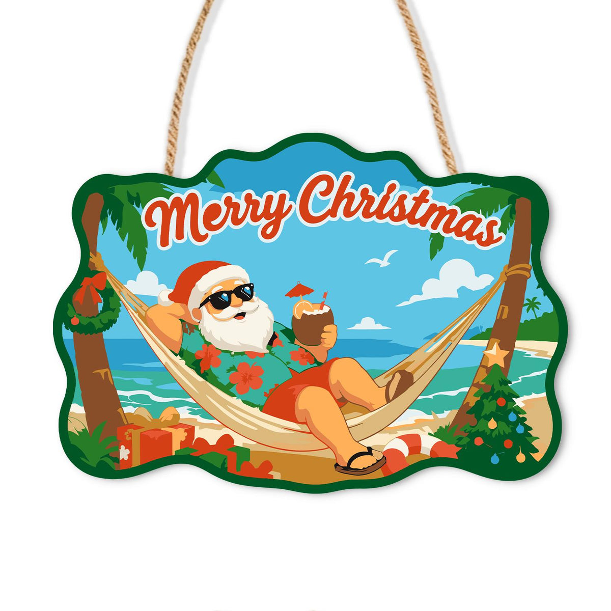 Hammock Santa Between the Palms paint by numbers hanging sign – Santa in sunglasses relaxing in a hammock between palm trees with a drink, beside a small Christmas tree, on a wooden sign with a rope hanger