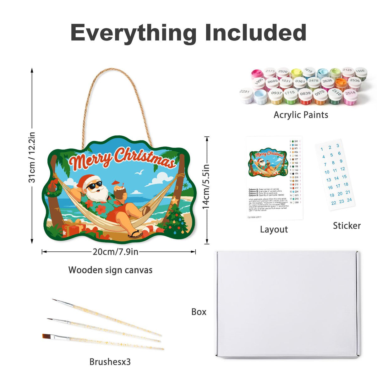 Hammock Santa Between the Palms paint by numbers hanging sign – what's in the kit: the wooden sign, rope hanger, numbered paints and brushes