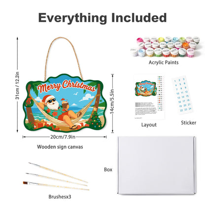 Hammock Santa Between the Palms paint by numbers hanging sign – what's in the kit: the wooden sign, rope hanger, numbered paints and brushes