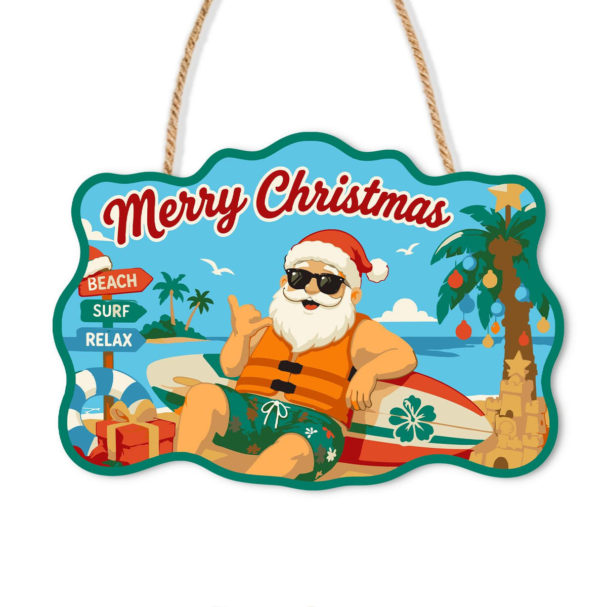 Surfer Santa in a Life Vest paint by numbers hanging sign – Santa in sunglasses and a life vest with a surfboard beside a Beach Surf Relax signpost and a palm with lights, on a wooden sign with a rope hanger