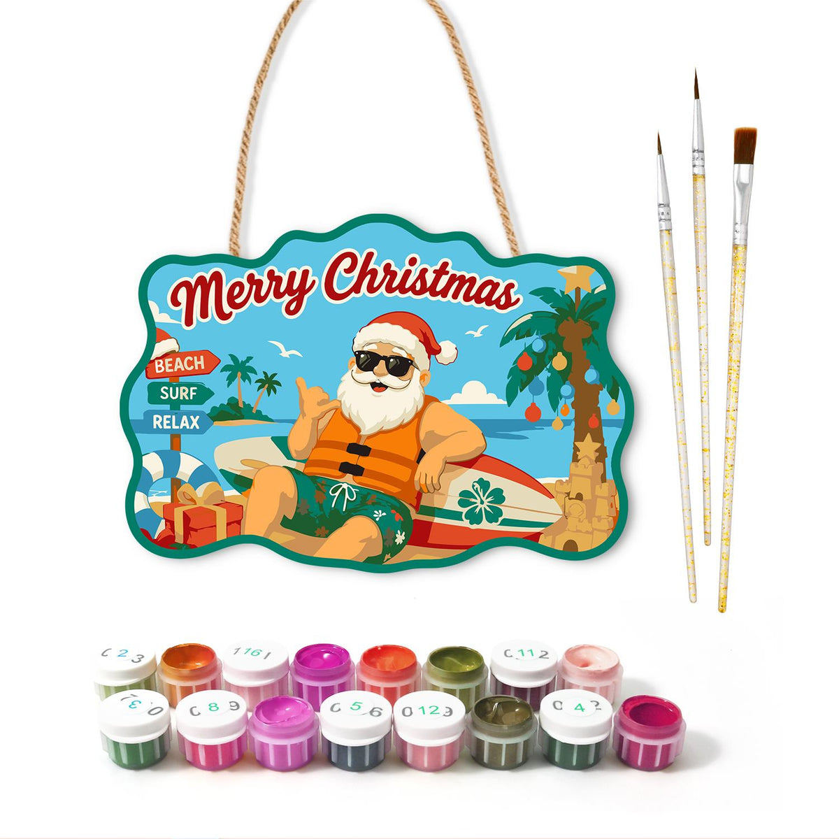 Surfer Santa in a Life Vest paint by numbers hanging sign – image 2