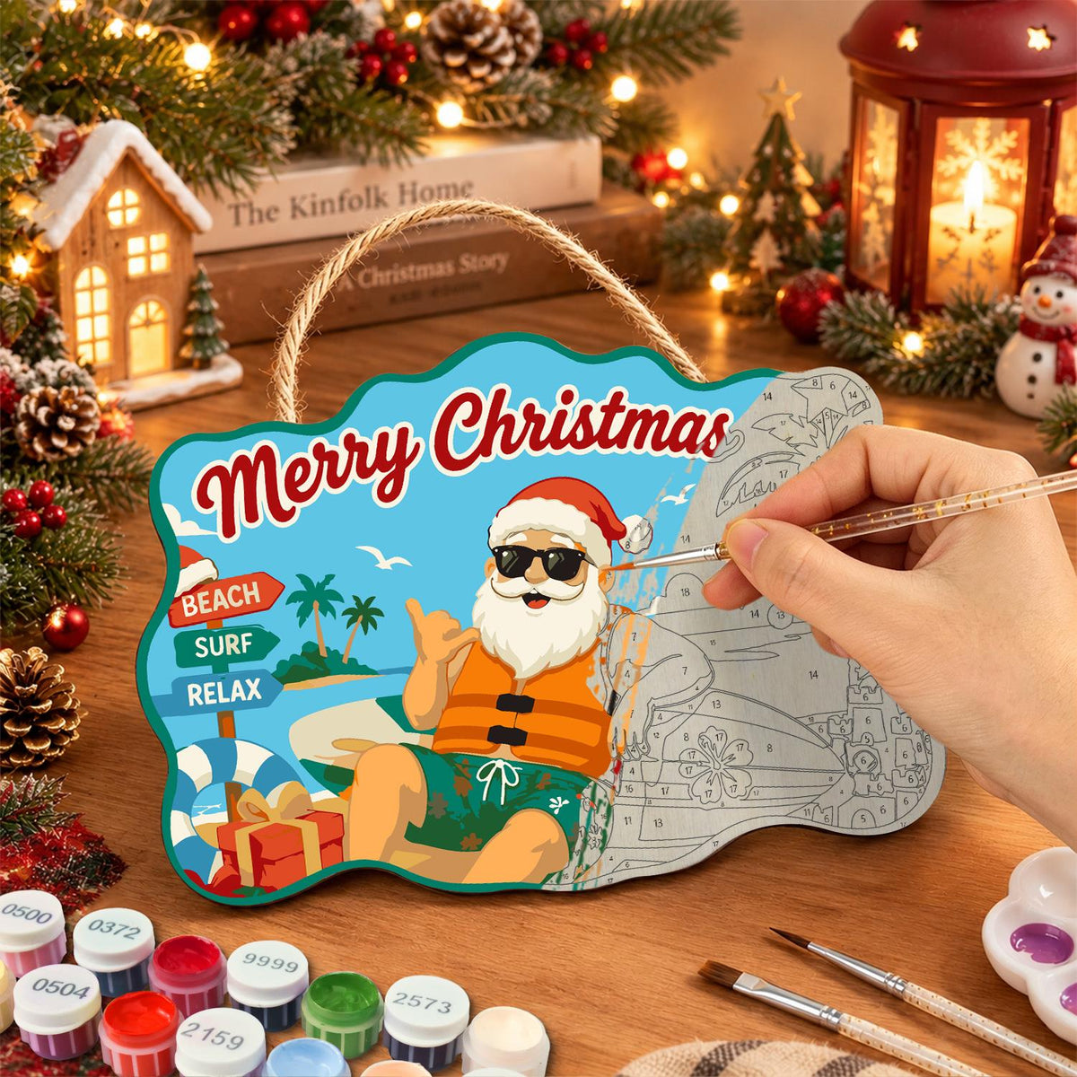 Surfer Santa in a Life Vest paint by numbers hanging sign – image 7