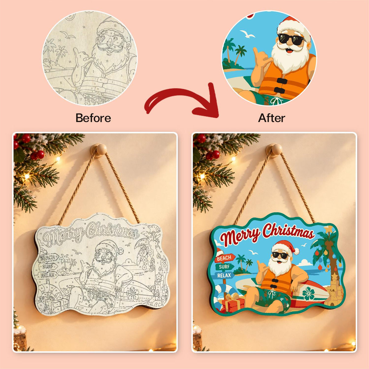 Surfer Santa in a Life Vest paint by numbers hanging sign – image 10