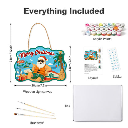 Surfer Santa in a Life Vest paint by numbers hanging sign – what's in the kit: the wooden sign, rope hanger, numbered paints and brushes